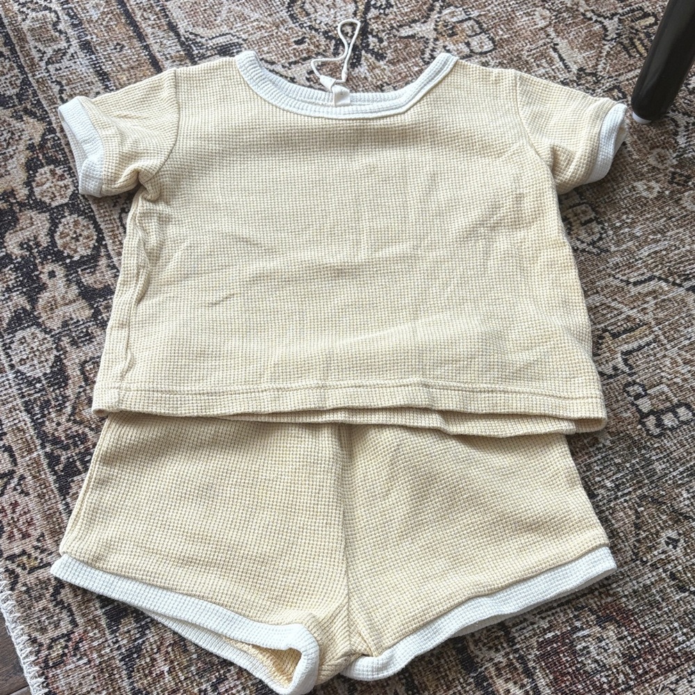 Quincy Mae Waffle Knit Cropped Top & Shorts Set - Pale Yellow (12-18)